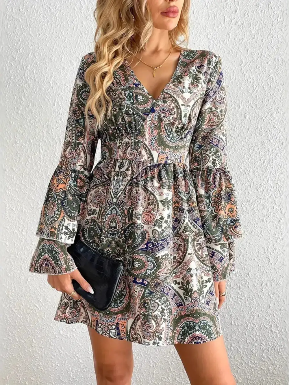 Paisley Printed Bell Sleeve Mini Dress