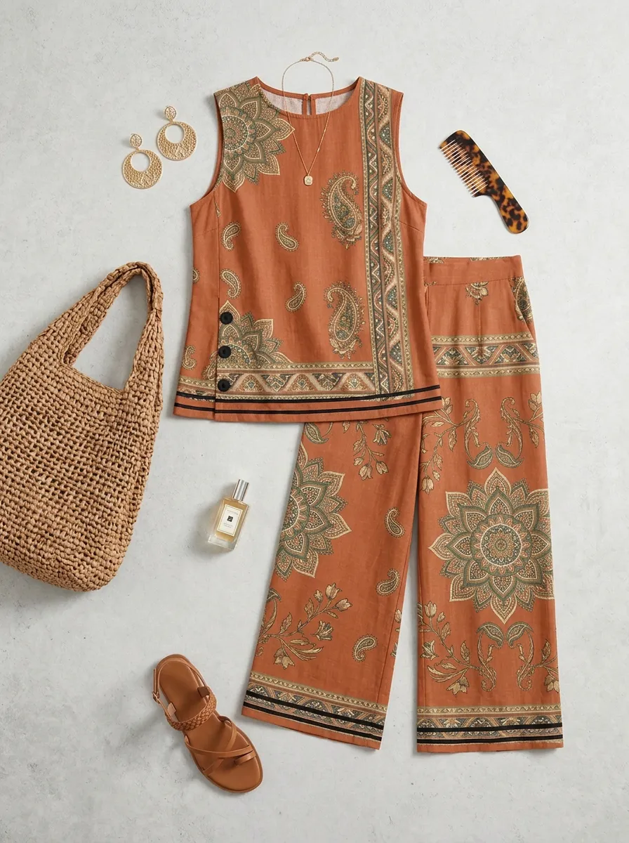 Women's Boho Style Paisley Floral Printed Sleeveless Set
