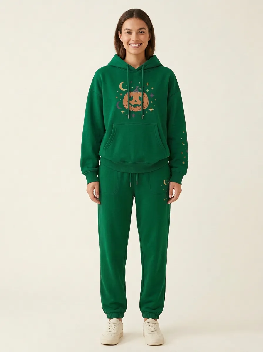 Women's Halloween Pumpkin Moon Star Printed Hoodie Tapered Jogger Set