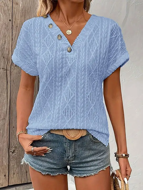 Relaxed Short Sleeve Button Detail V-Neck T-Shirt