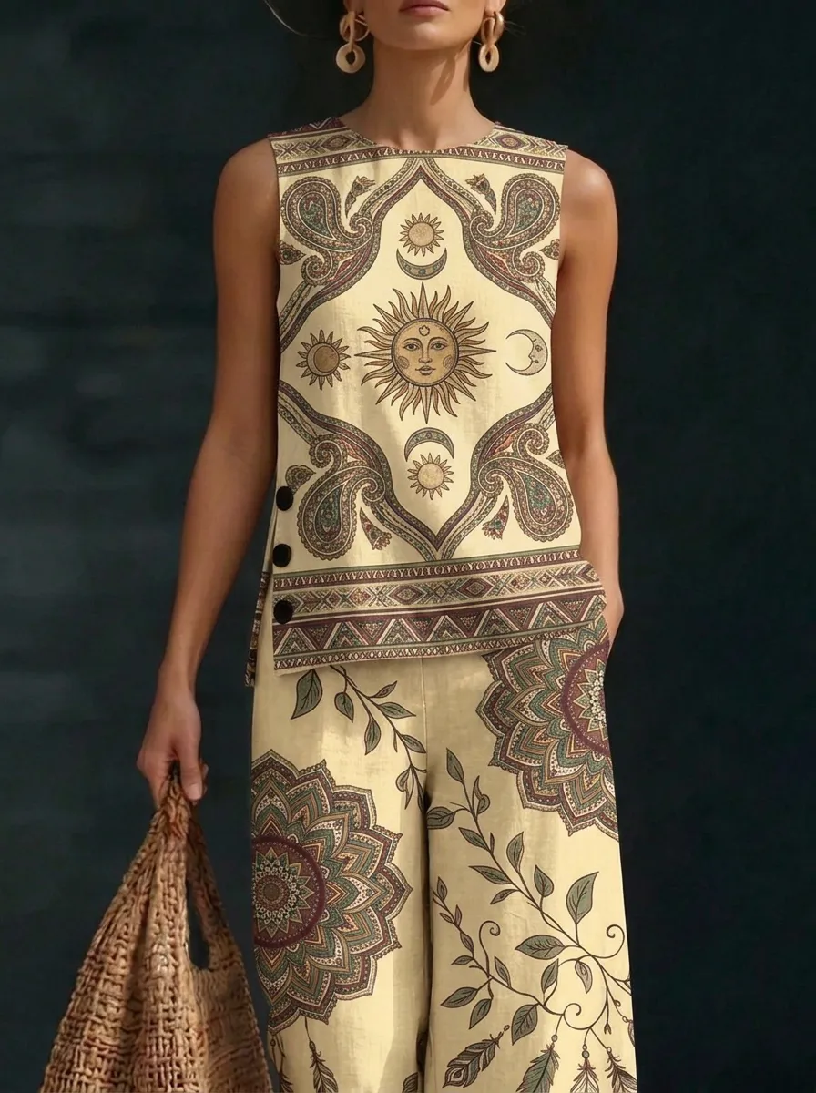 Women's Bohemian Sun Mandala Feather Printed Sleeveless Set