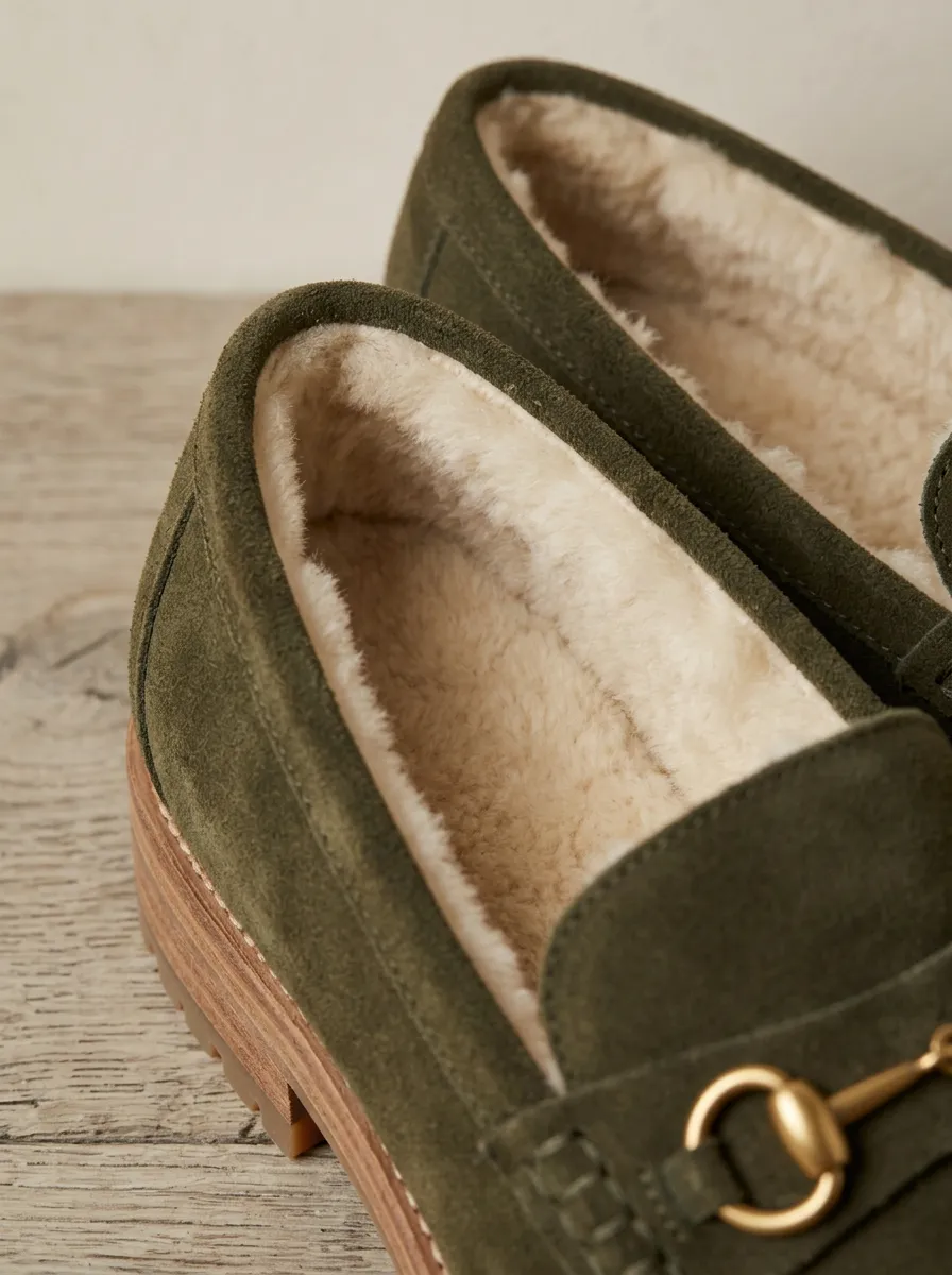 Women's Faux Fur Lined Metal Detail Suede Wood Sole Loafers