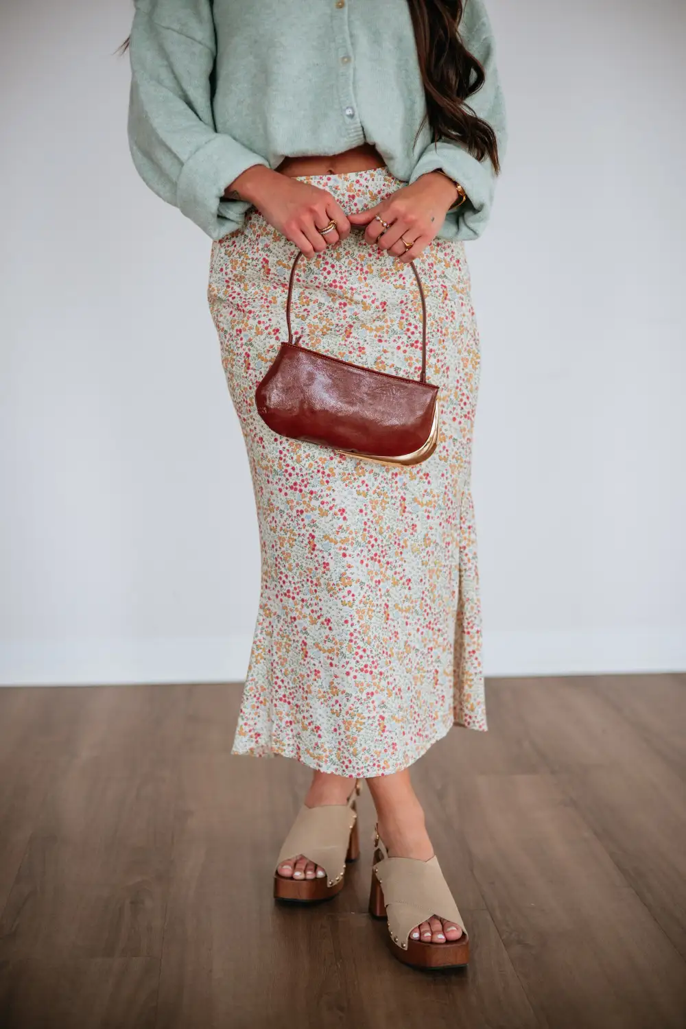 Floral Print Cotton Slit Midi Skirt