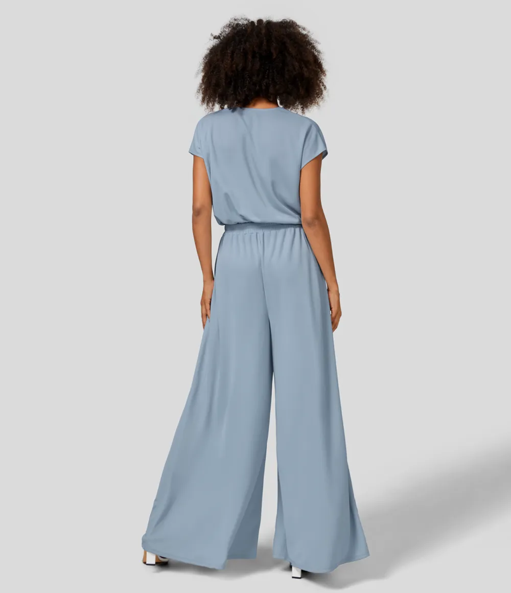 V Neck Short Sleeve Plicated Side Pocket Wide Leg Flowy Waffle Casual Jumpsuit