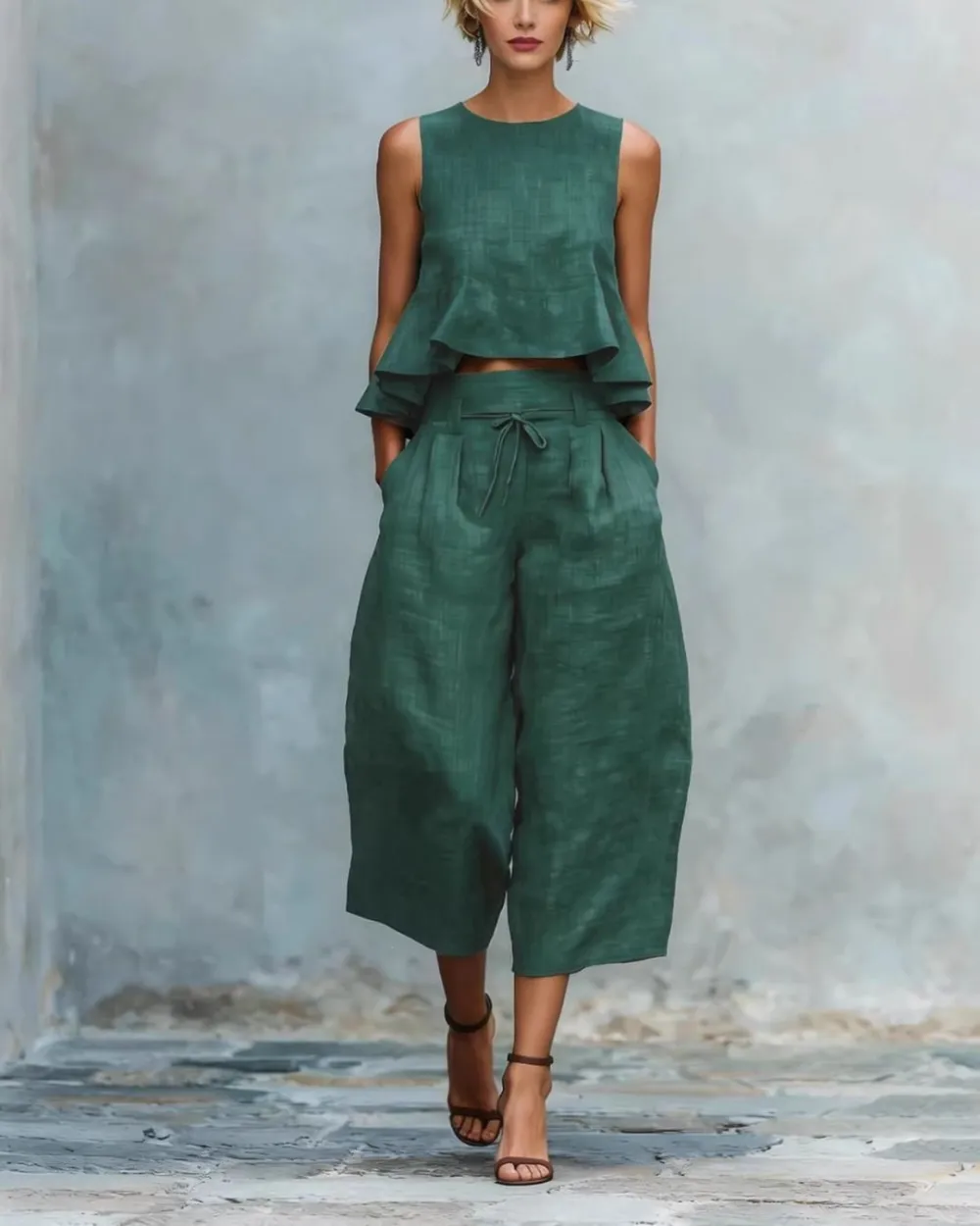 Linen Two-Piece Set Ruffle Detail Lightweight Breathable Romantic Summer Outfit