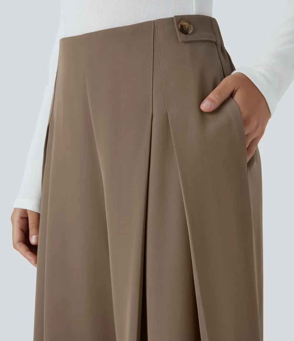 High Waisted Decorative Button Plicated Side Pocket Wide Leg Work Pants