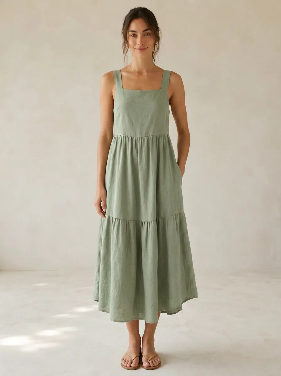 Women's Daytime Casual Tiered Linen Backless Dress