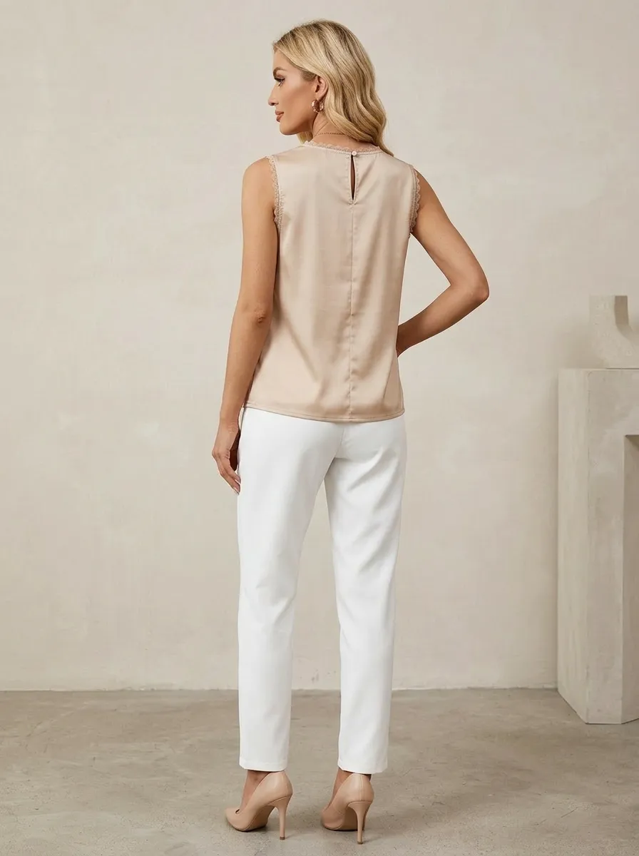 Lace Trim Pleated Satin Sleeveless Top