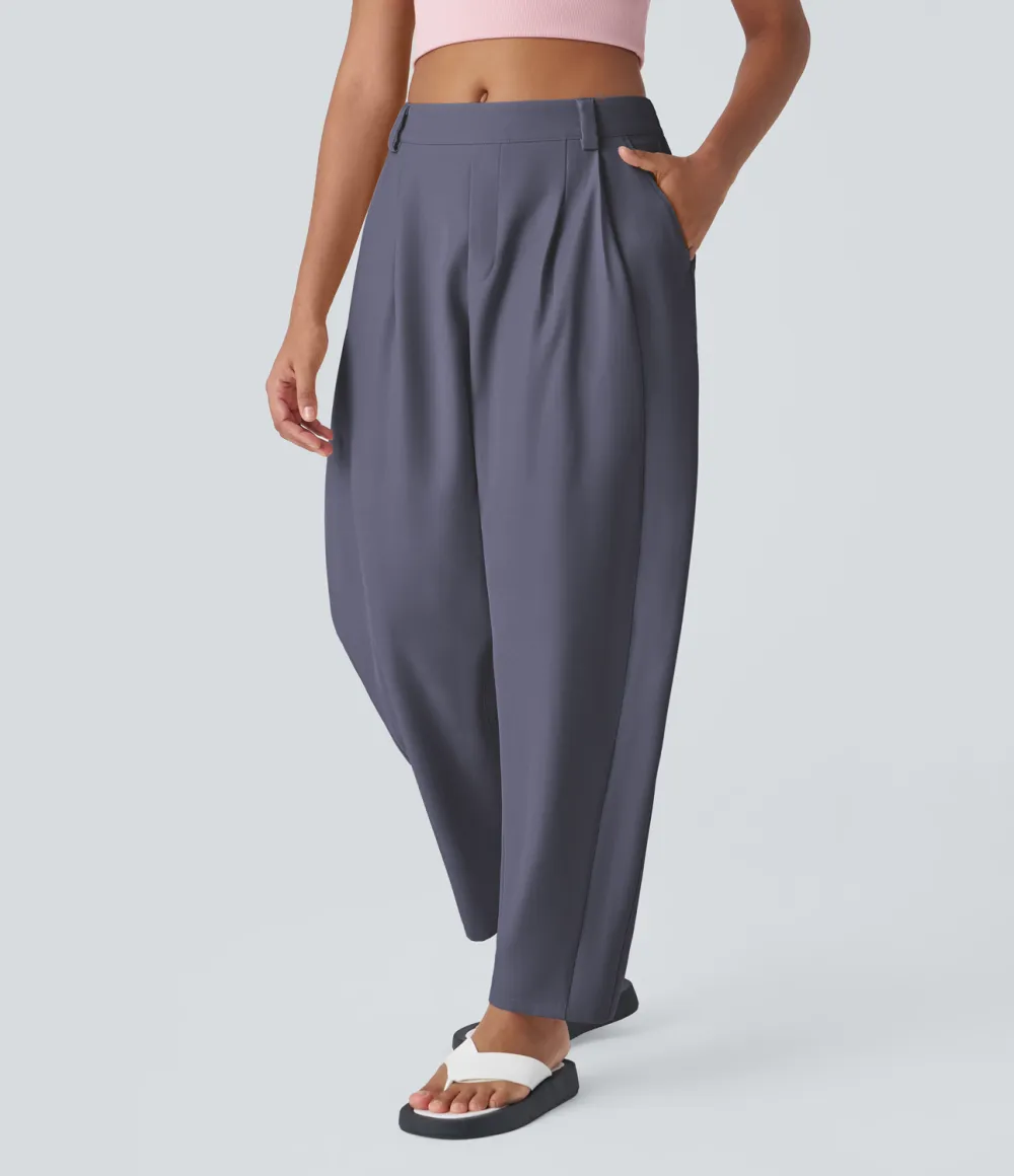 Mid Rise Plicated Side Pocket Barrel Leg Work Pants