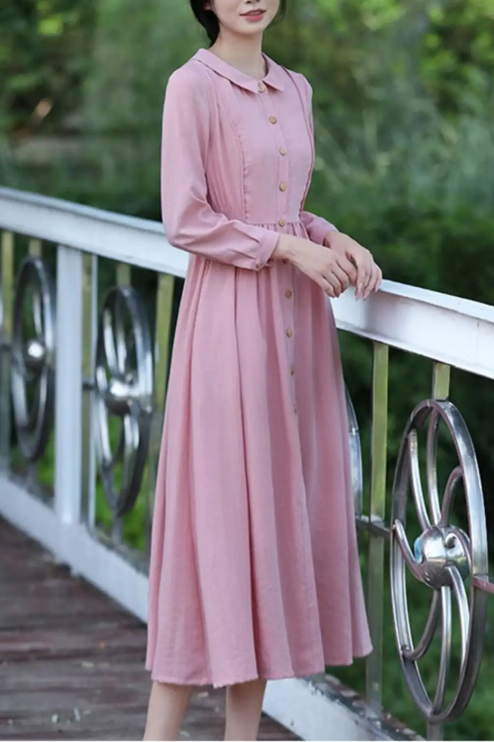 Linen Cotton Fit And Flare Lapel Collar Long Sleeve Midi Dress