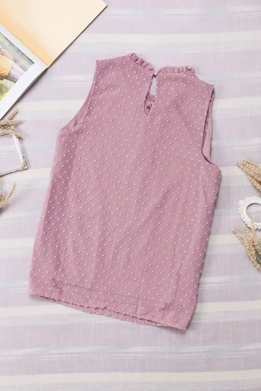 Pink Swiss Dot Sleeveless Ruffle Tank Top