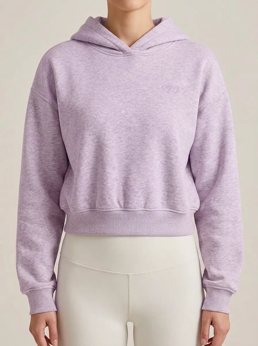 Women's Minimalist Heart Outline Embroidered Grey Cropped Hoodie