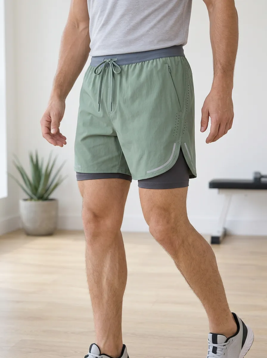Men's Athletic Training Sage Green Layered Running Shorts