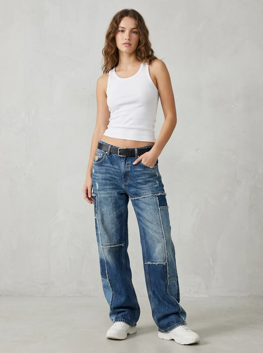 Women's Classic Vintage Patchwork Distressed Baggy Jeans