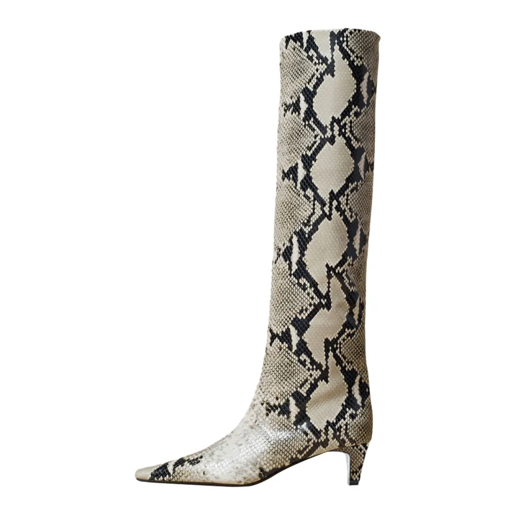 Faux-Leather Square-Toe Kitten-Heel Platform Knee-High Boots
