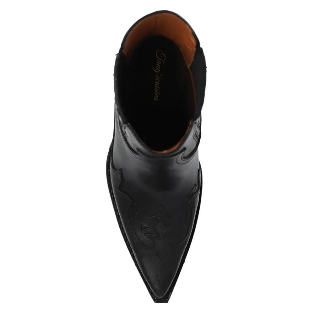 Faux-Leather Pull-On Pointed-Toe Block-Heel Ankle Boots