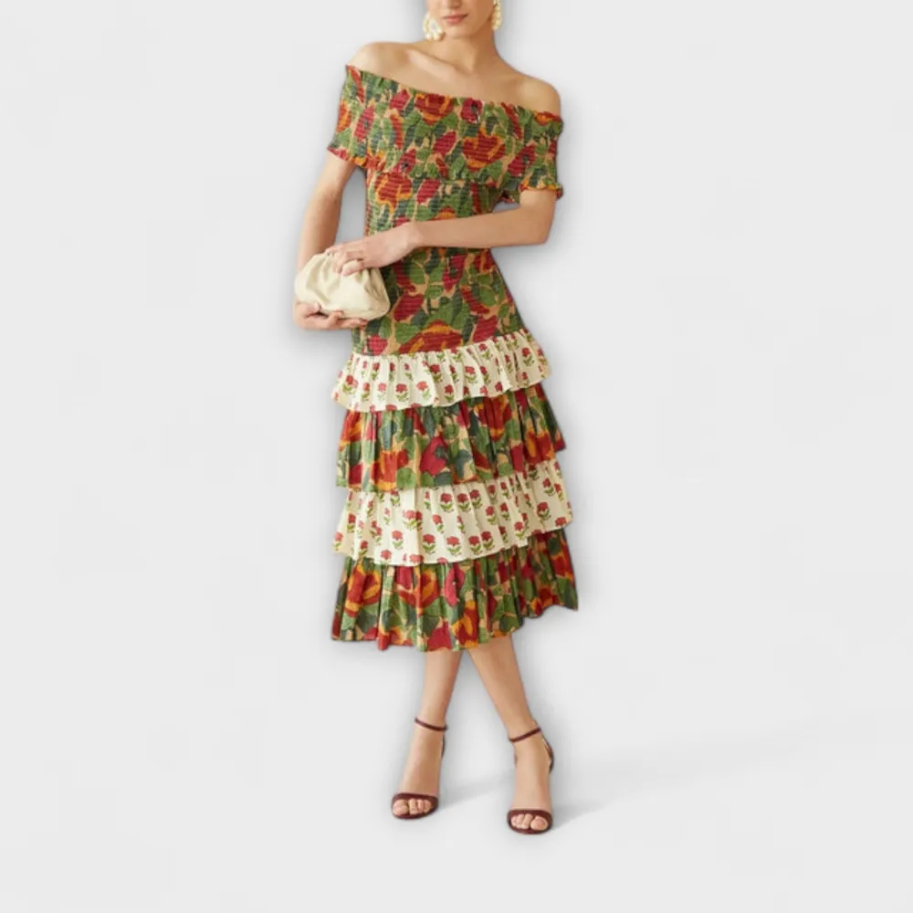 Floral Tiered Off Shoulder Midi Dress