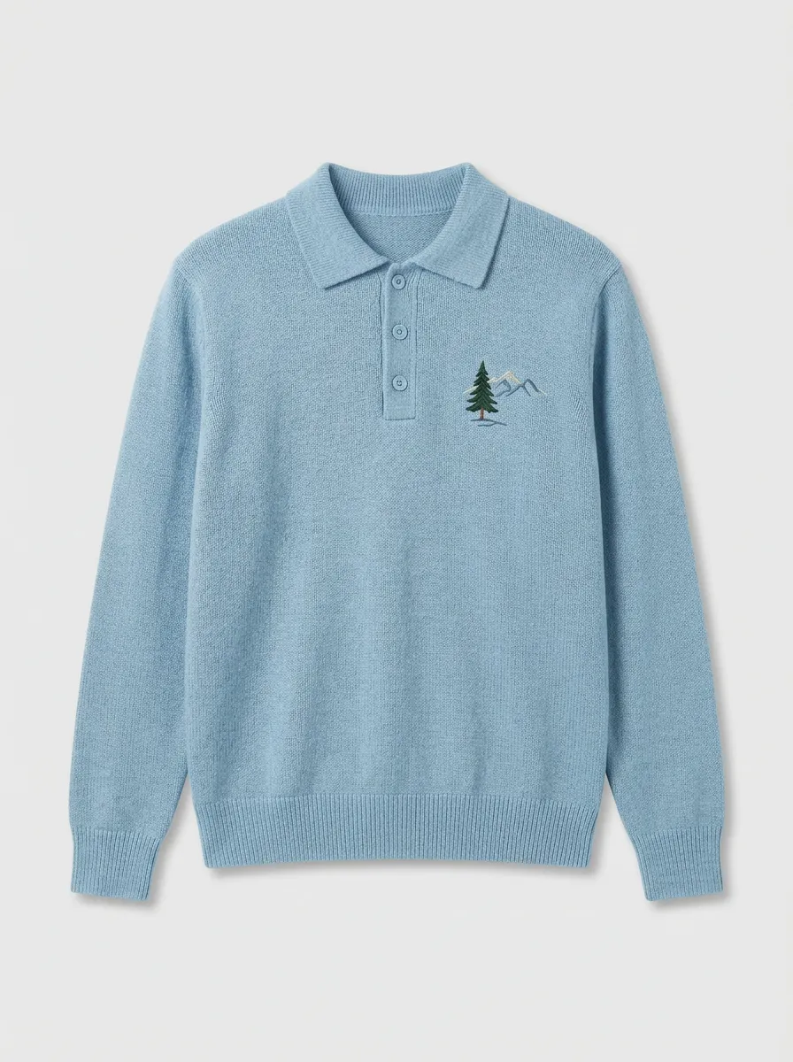 Men's Mountain Pine Embroidered Polo-Collar Knit Sweater