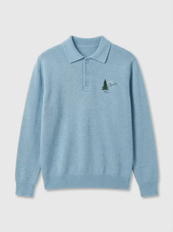 Men's Mountain Pine Embroidered Polo-Collar Knit Sweater