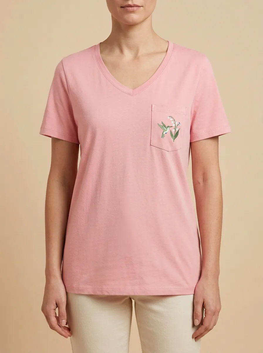 Women's Hummingbird & Lily-of-the-Valley Embroidered Pocket V-Neck T-Shirt