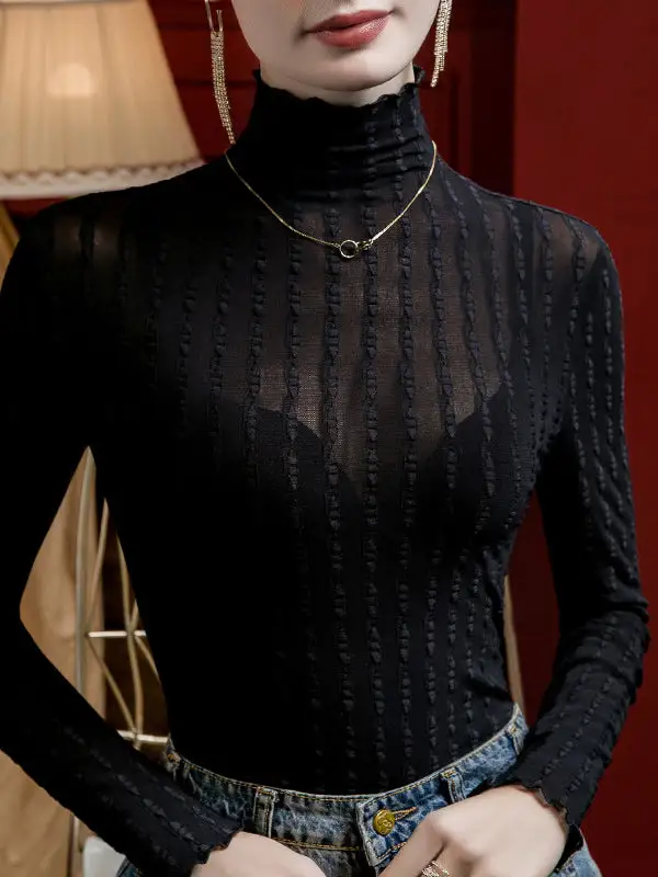 Long Sleeve Curve Fit Jacquard Sheer Panel Detail High Neck T-Shirt
