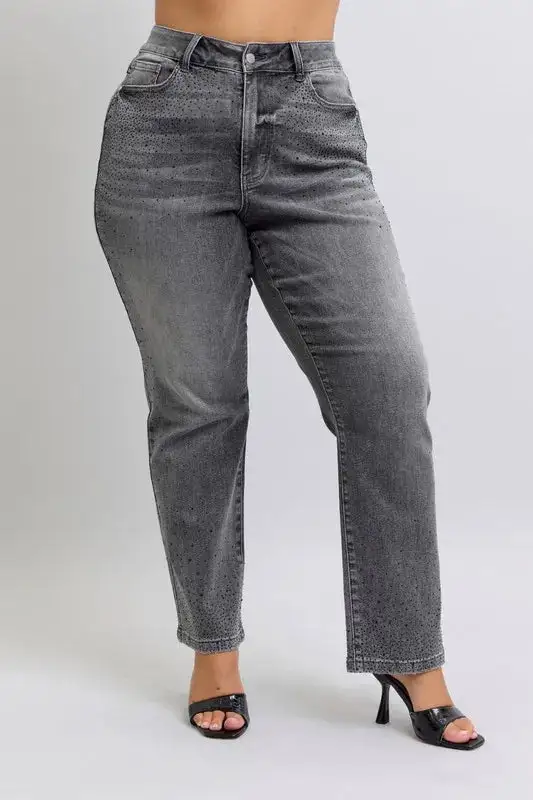 High Waist Rhinestone Straight Plus Denim Jeans