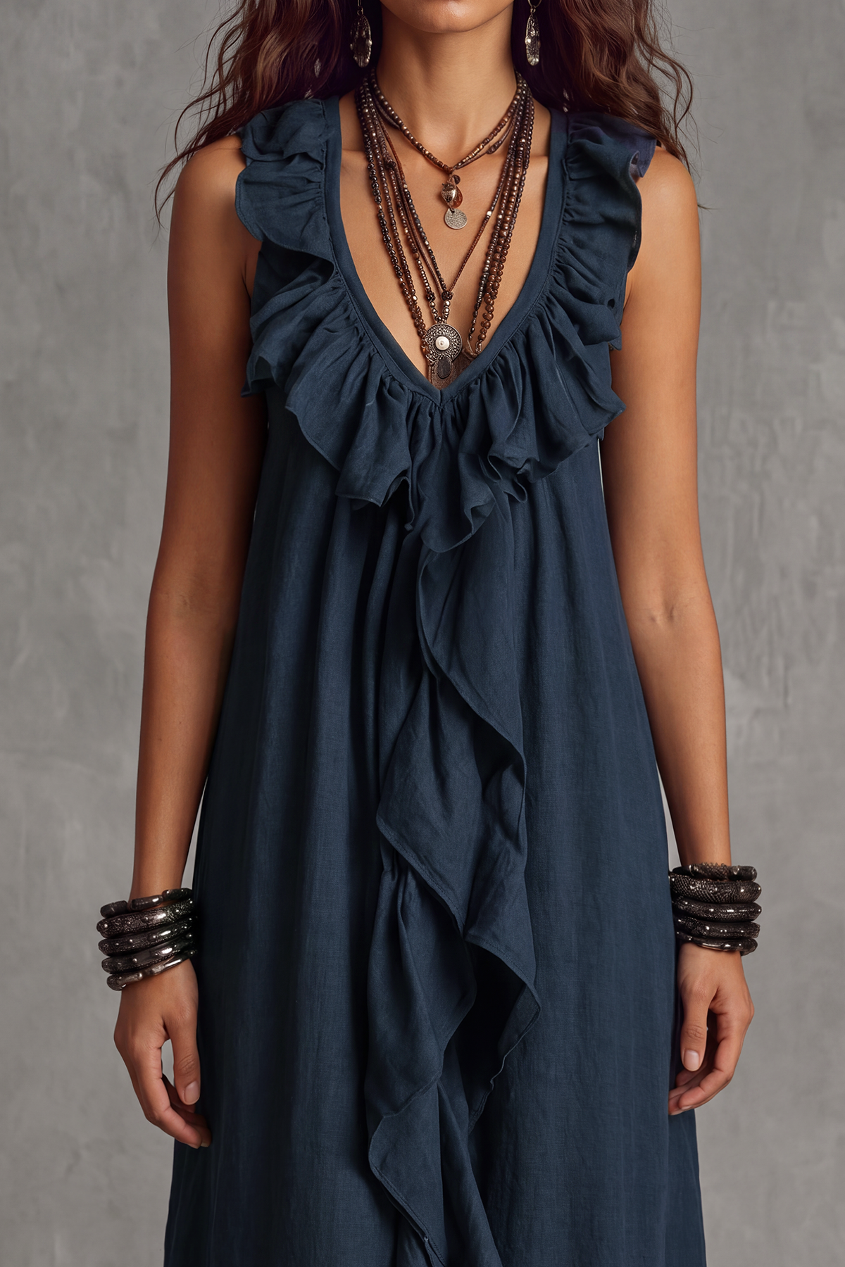 Classic Plunge Neck Ruffle Maxi Dress