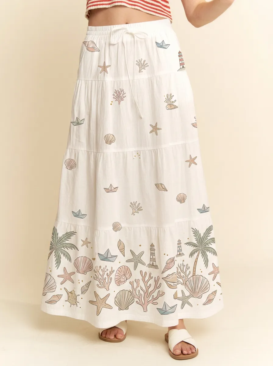 Women's Beach Lover Nautical Seashell Palm Tree Printed Maxi Skirt