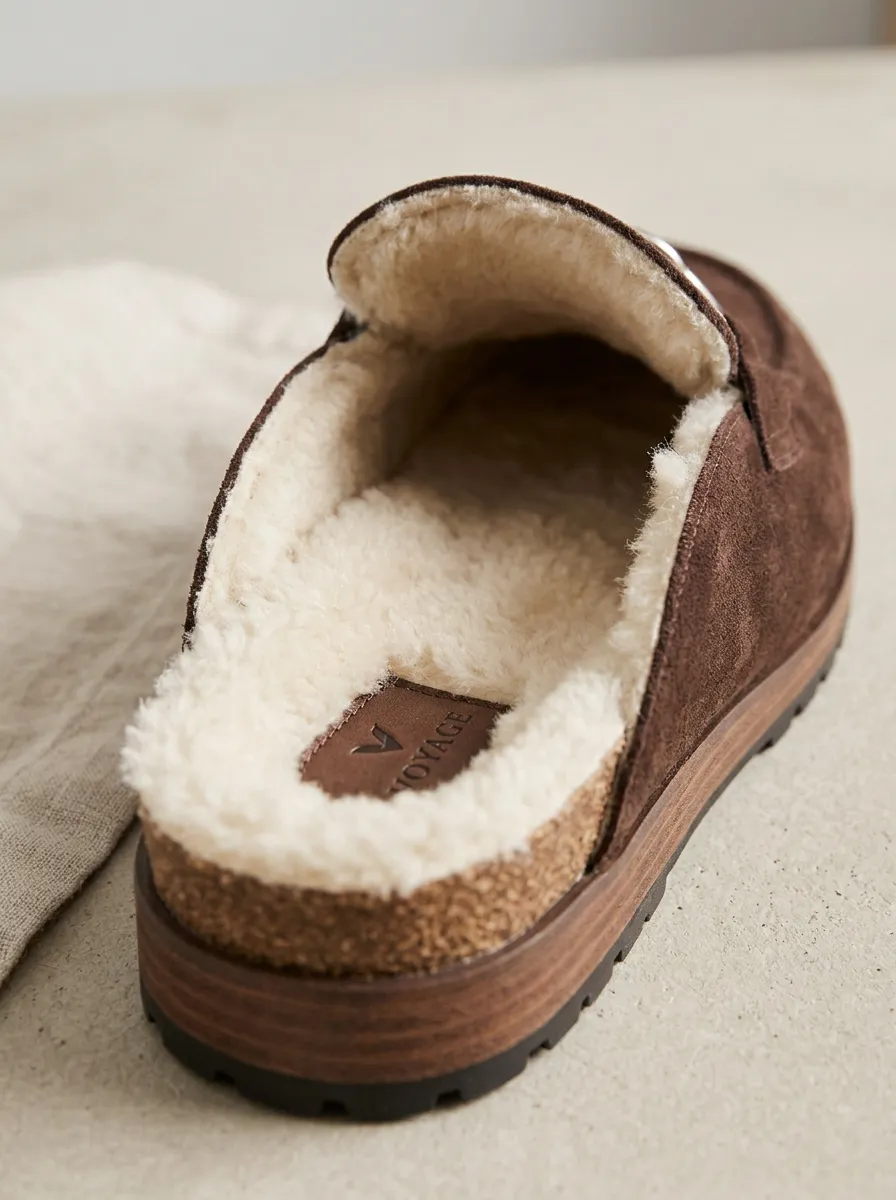 Women's Rugged Faux Fur Lined Metal Detail Clog Style Suede Wood Sole Loafers