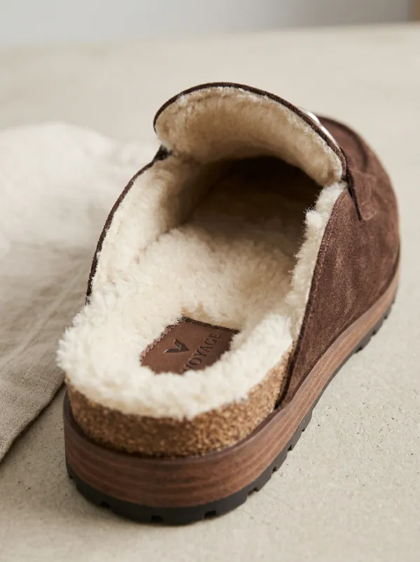 Women's Rugged Faux Fur Lined Metal Detail Clog Style Suede Wood Sole Loafers