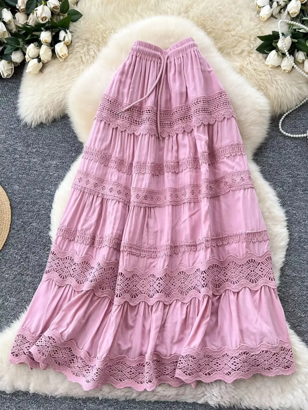Drawstring Lace Tiered Skirt Maxi