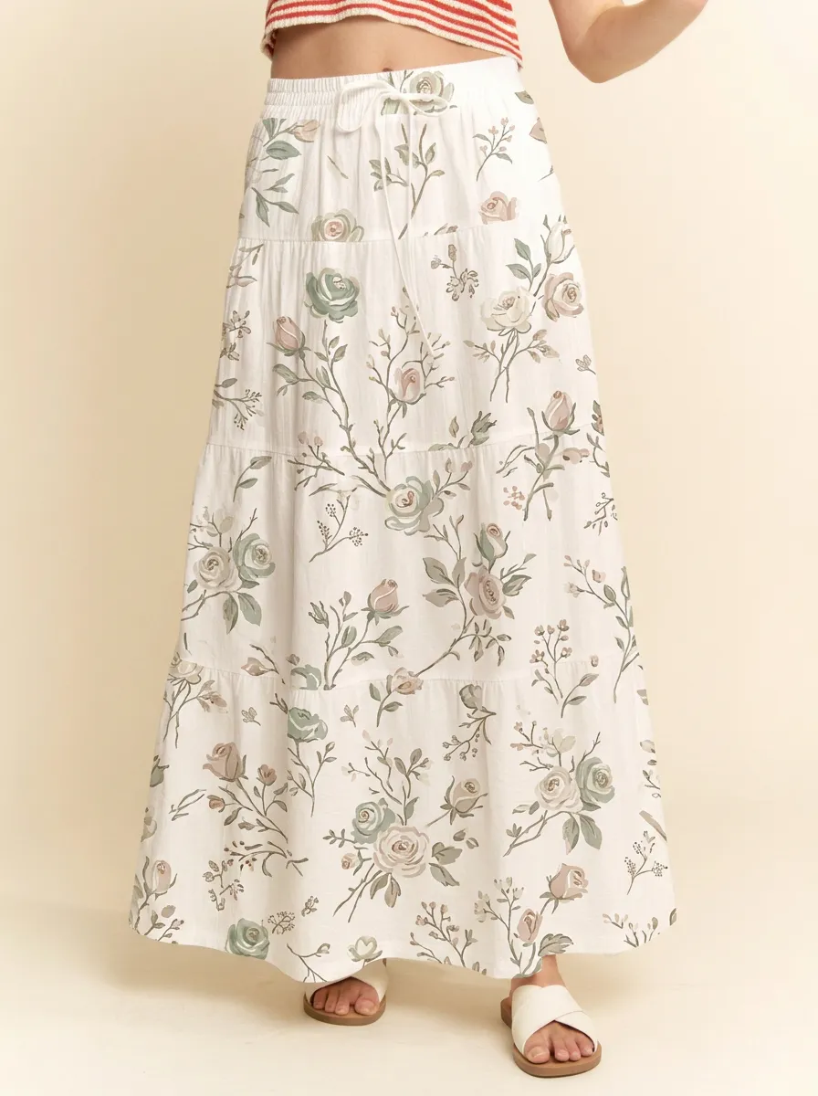 Women's Drawstring Vintage Floral Botanical Printed Tiered Maxi Skirt