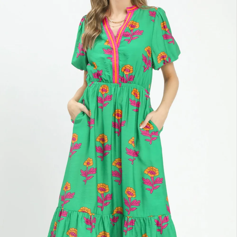 Floral Tiered Puff Sleeve V-Neck Dress