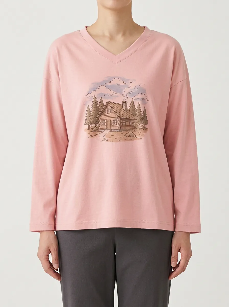 Women's Cabin Graphic V-Neck Long-Sleeve T-Shirt