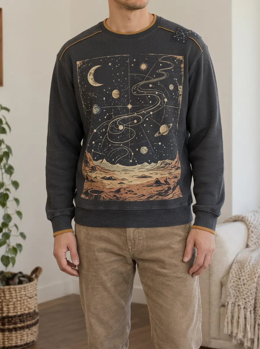Men's Celestial Space Moon Printed Waffle Knit Sweatshirt