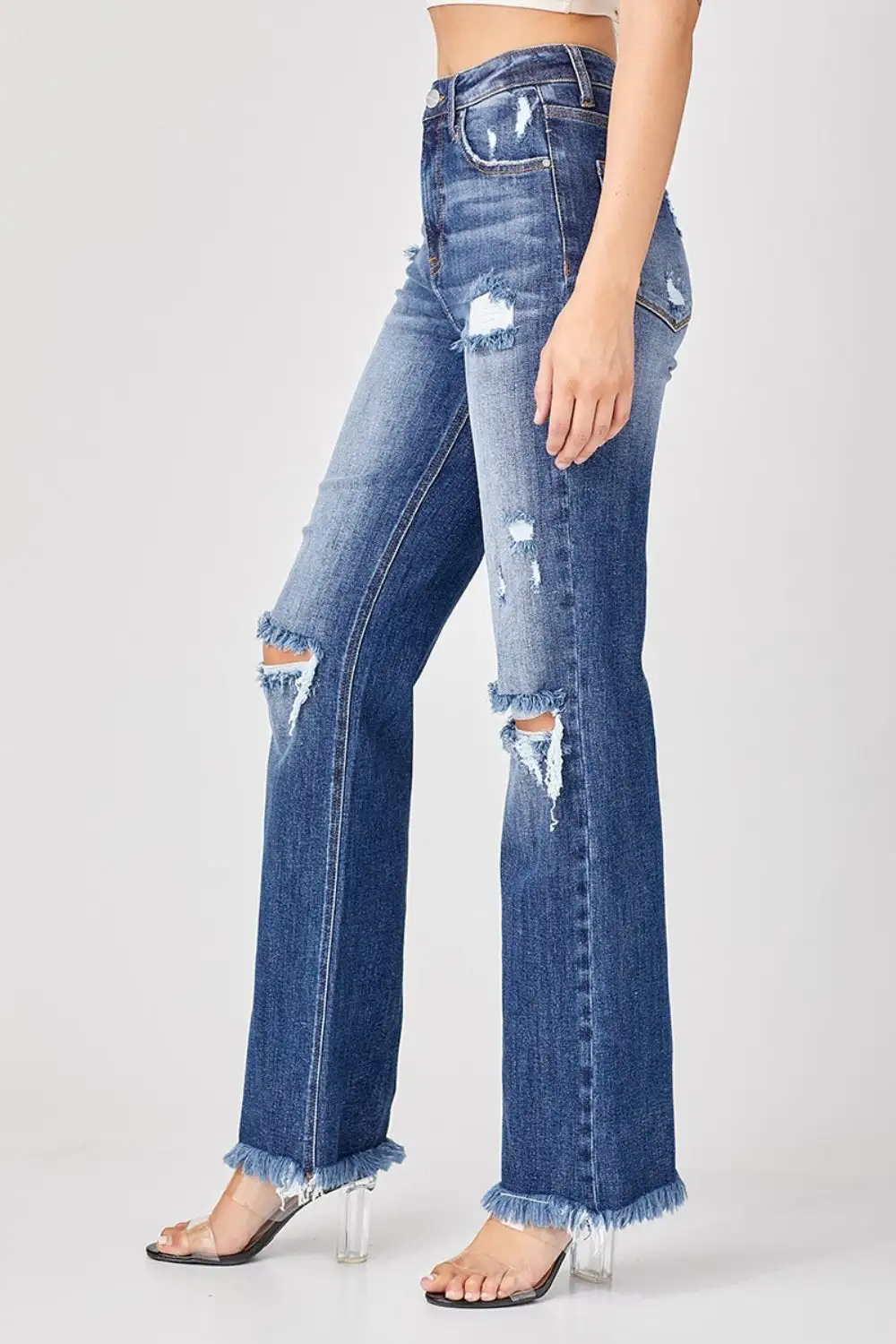 Straight Leg Raw Hem Distressed Denim Jeans