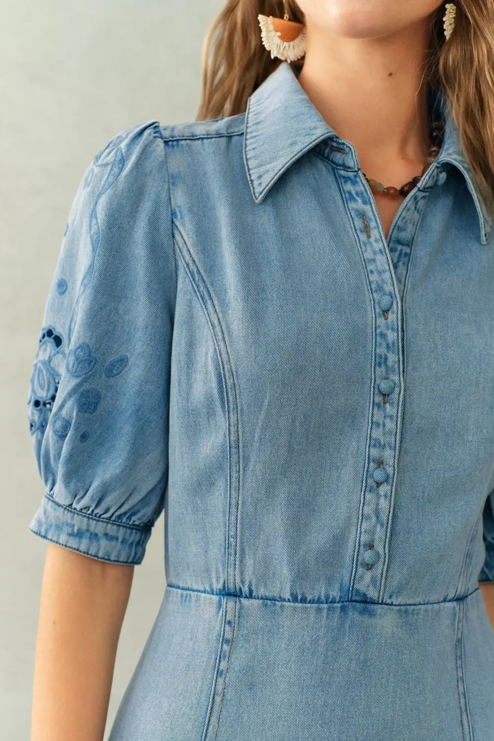 Puff Sleeve Cotton Linen Denim Midi Dress