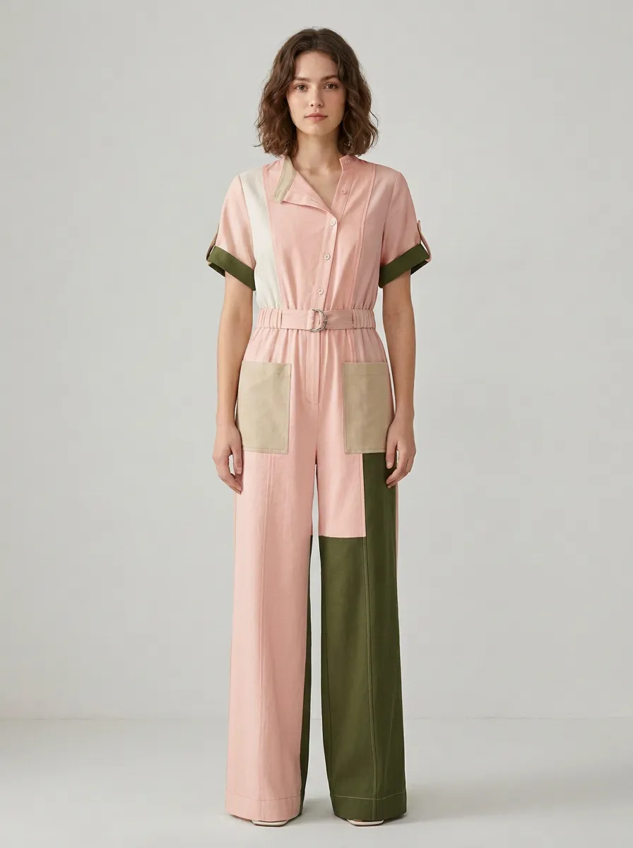 Women's Casual Minimalist Olive Beige Colorblock Belted Jumpsuit