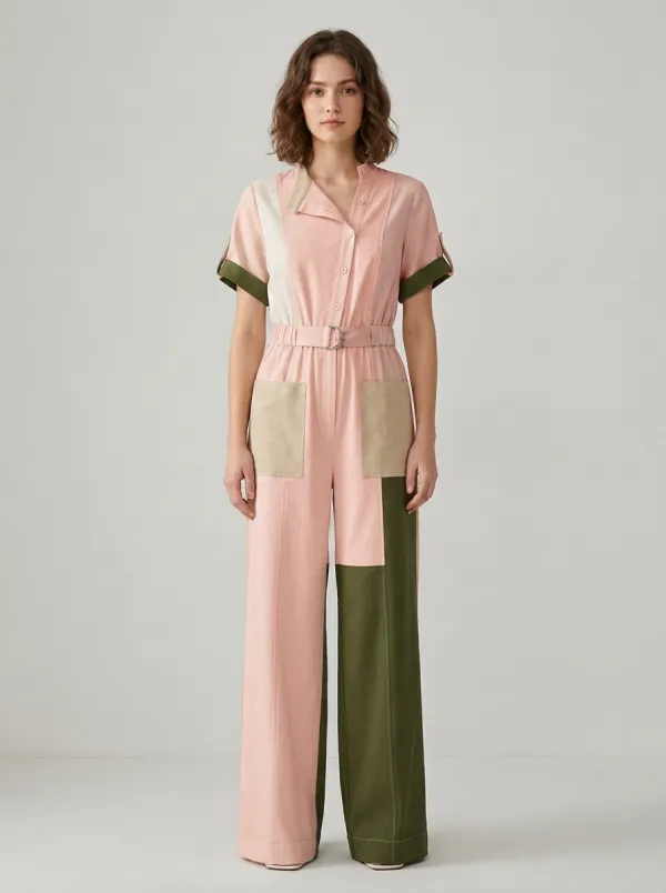 Women's Casual Minimalist Olive Beige Colorblock Belted Jumpsuit