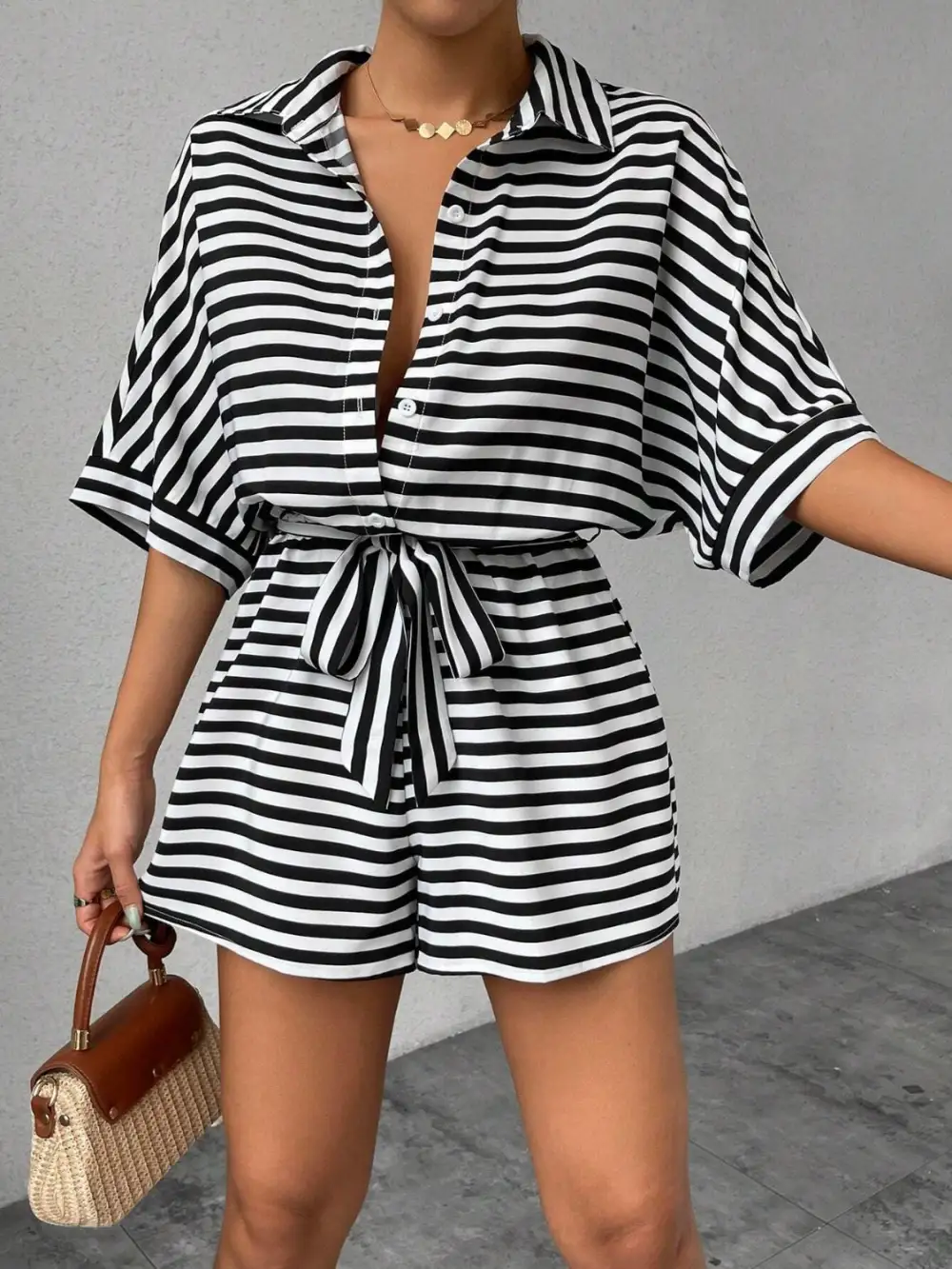 Tie Waist Half Button Romper