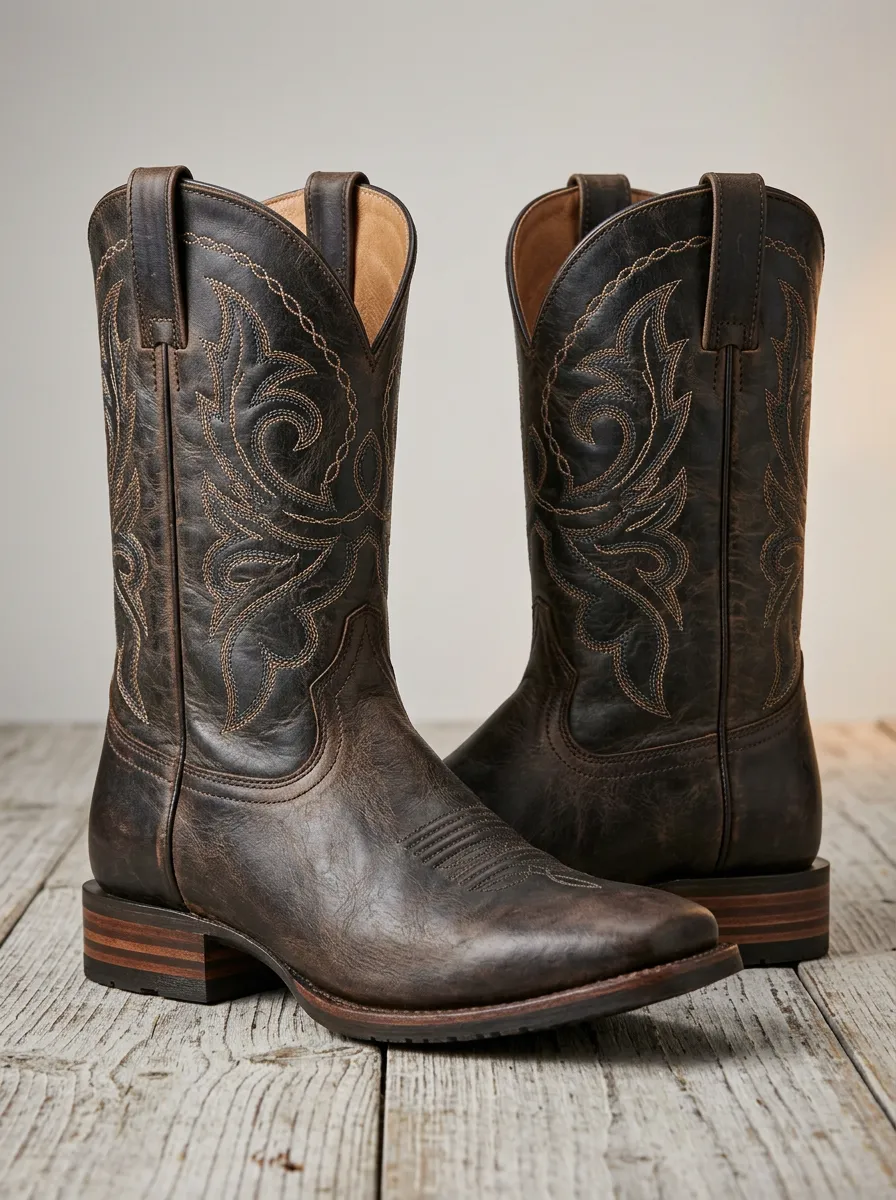 Vintage-Inspired Embroidered Distressed Leather-Look Edit Men's Western Cowboy Boots