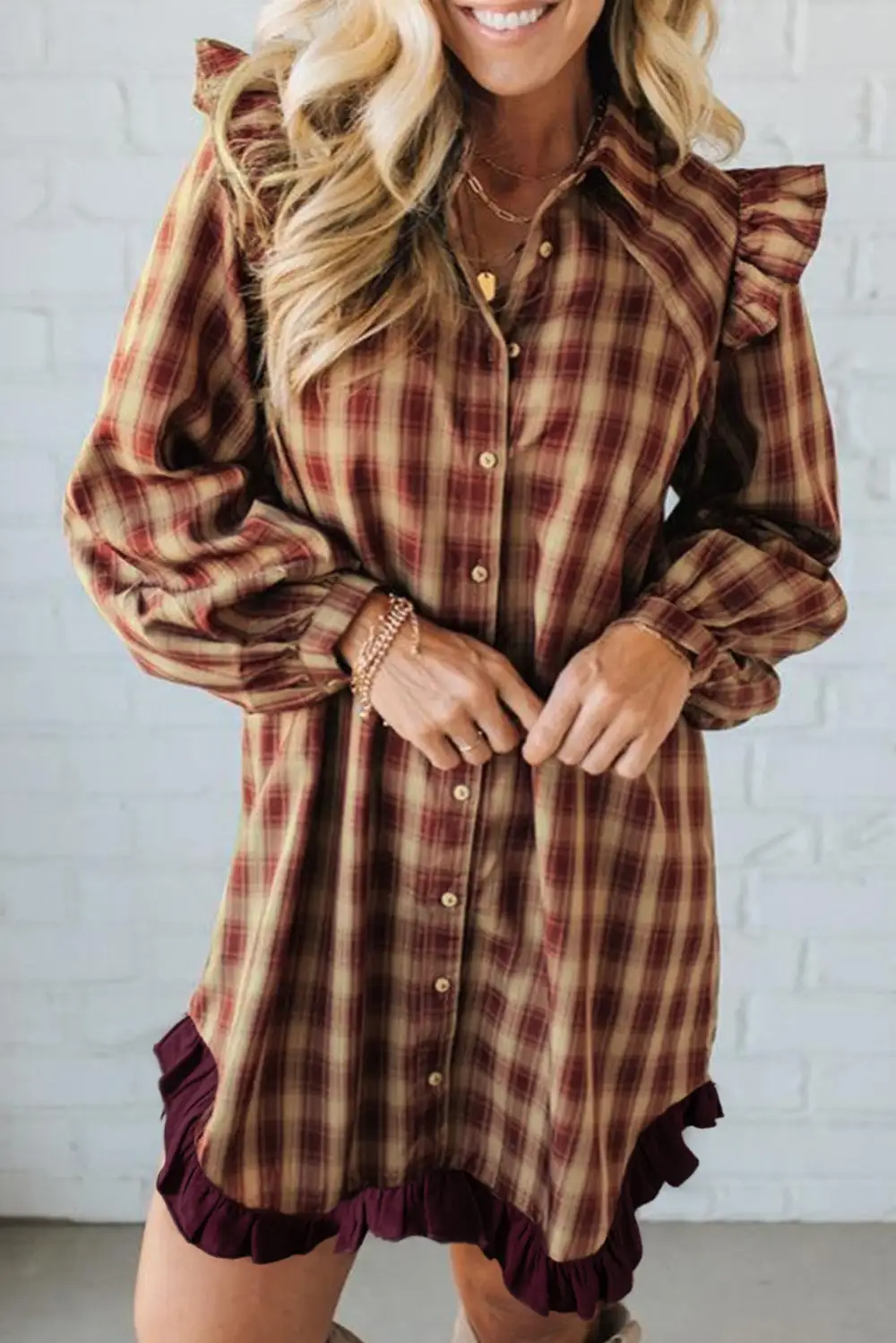 Ruffle Trim Mixed Panel Long Sleeve Mini Dress