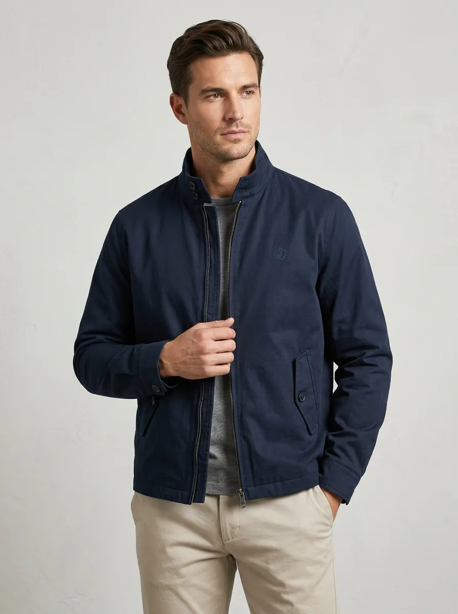 Men's Navy Casual Stand Collar Embroidered Zip Jacket