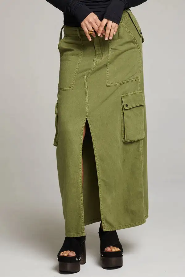 Olive Green Cargo Pocket Maxi Skirt