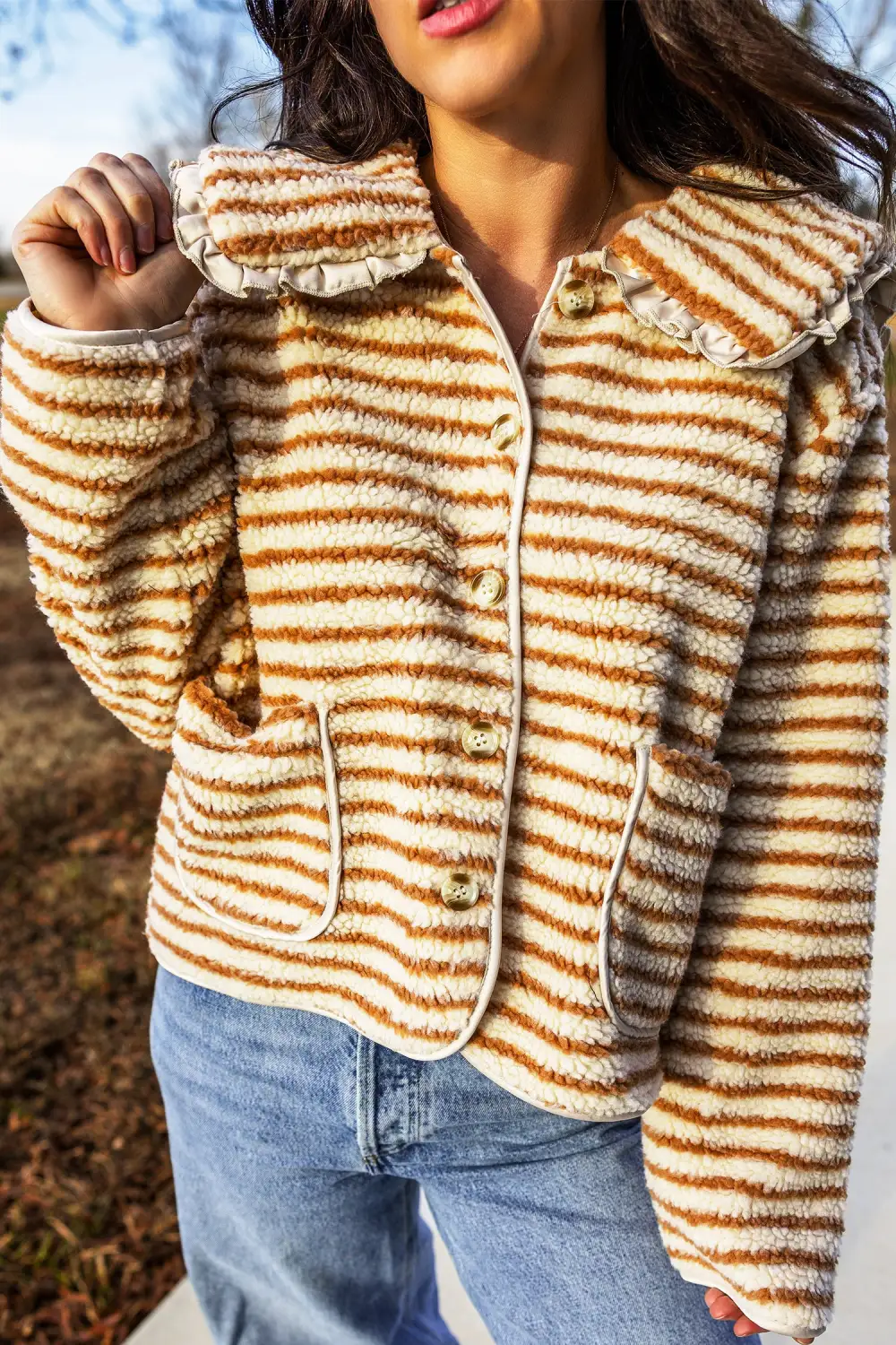 Women's Striped Fleece Button Front Long Sleeve Regular Fit Jacket