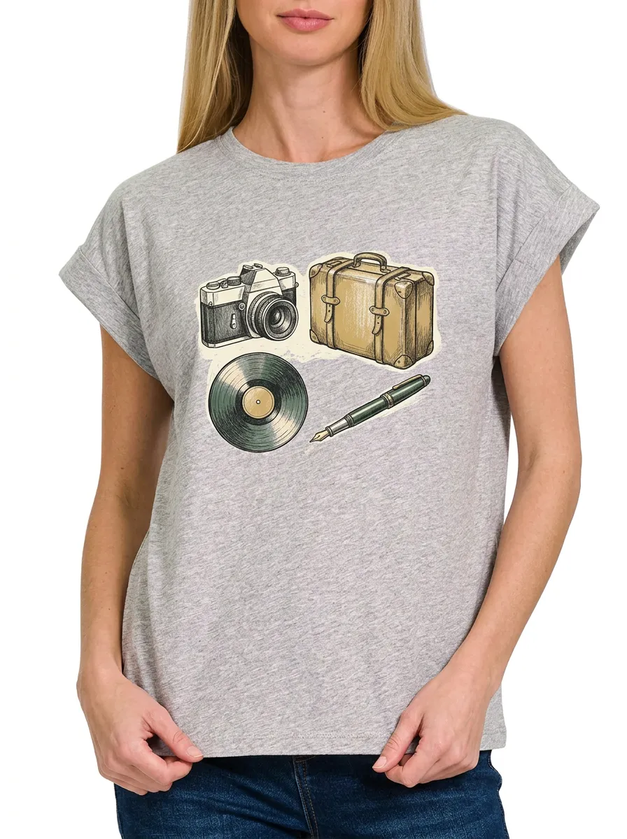 Women's Vintage Travel Hobby Camera Suitcase Vinyl Pen Graphic T-Shirt