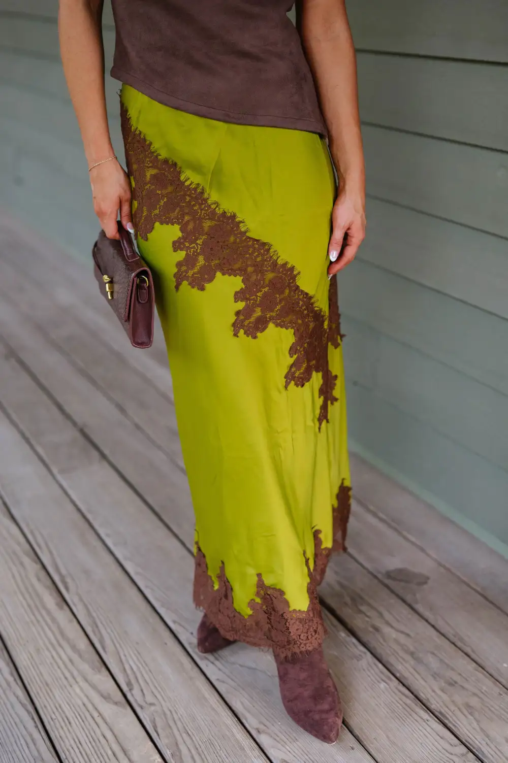 Satin High Rise Lace Trim Maxi Skirt