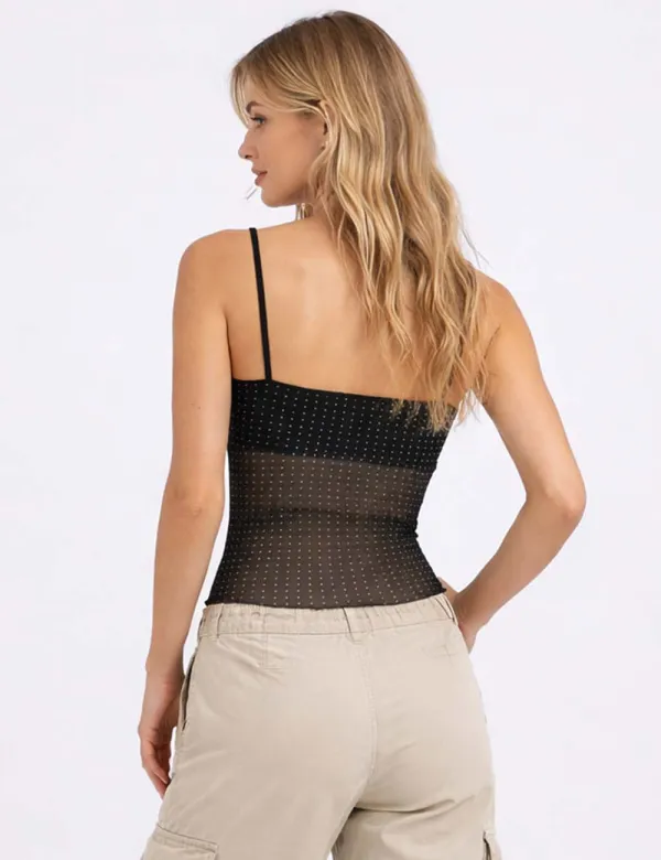 Rhinestone V Neck Sheer Mesh Cami Top