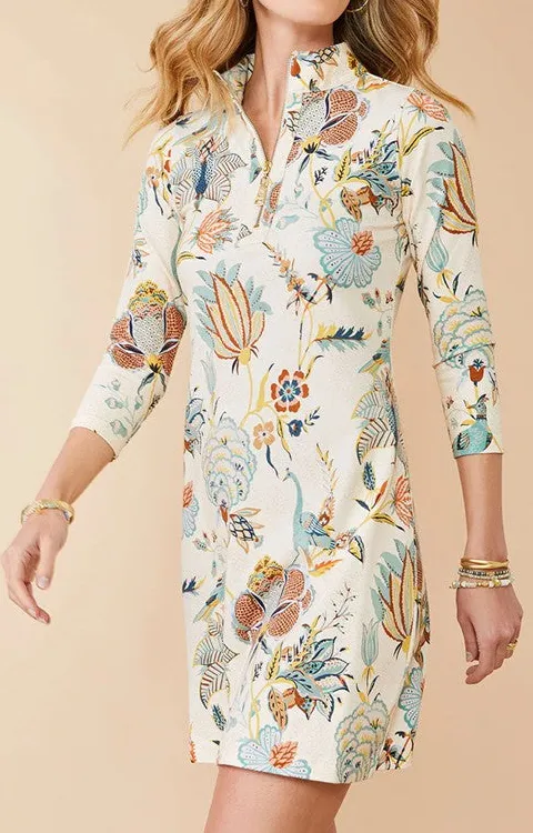 White Bird Print Half-Zip Midi Dress