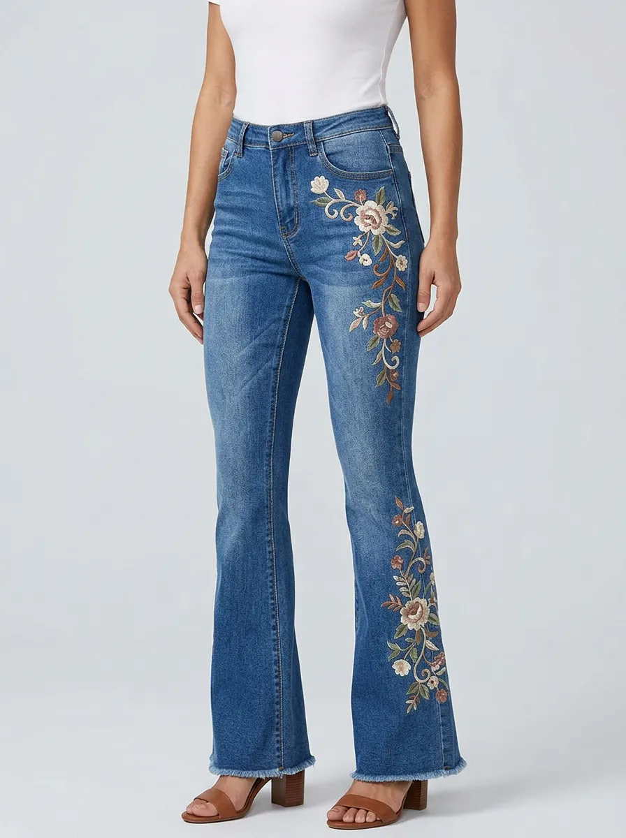 Women's Medium Wash Embroidered Flare Jeans